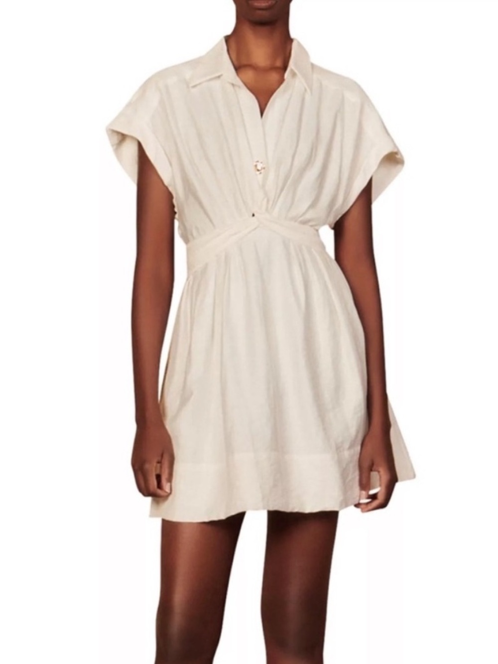 Sandro Paris Linen Twist-front Twill Short Sleeve V-Neck Mini Shirt Dress White